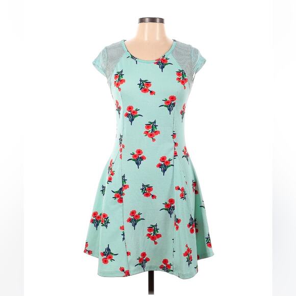 Paradise Miss mint and floral print a line mesh shoulder dress, L - Picture 1 of 9